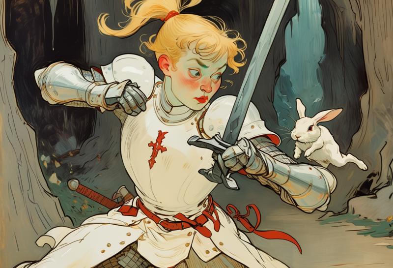 00007-3521339768-Art by Toulouse-Lautrec. Closeup of a playful and chaotic scene of a blonde knight fighting white rabbit. _BREAK_The blonde knig.png